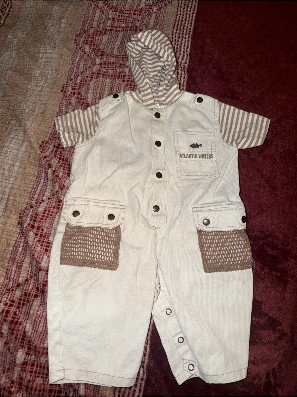 Cream & Tan Hooded Baby One-Piece